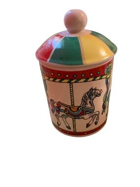 Vintage MSR Imports 1994 Colorful Circus CAROUSEL Horses Mug with Lid